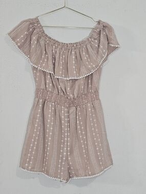 Pink Lily Boho Floral Stripe Romper M Off Shoulder Pom Pom Trim Tan Festival